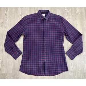 Zara Slim Fit Long Sleeve Button Up Shirt Blue And Red Plaid Print Mens Size L